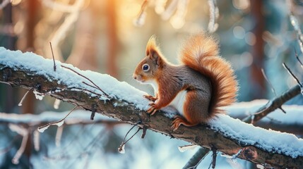 A close-up shot of a squirrel perched on a snowy tree branch, looking out at the winter landscape