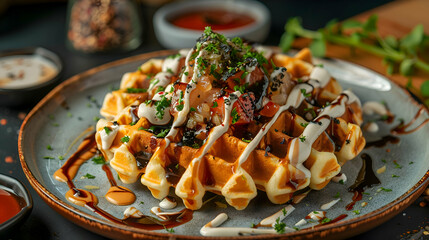 A plate of freshly made fast food waffles with vibrant colors and crispy textures