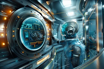 Fototapeta premium Futuristic AI cockpit with advanced technology, symbolizing innovation, dynamic interaction, and high tech design in a vibrant setting