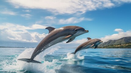 Fototapeta premium Two dolphins leaping out of the ocean, capturing a moment of playfulness and freedom