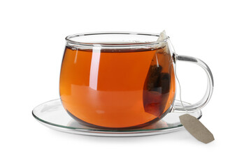 Brewing aromatic tea. Cup with teabag isolated on white