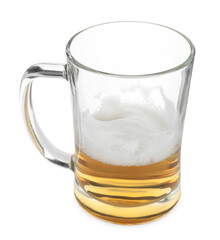 Half empty mug of beer isolated on white