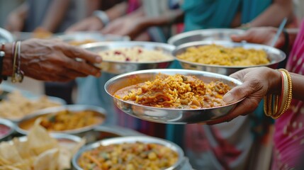 Obraz premium A group of people holding plates of various types of food, suitable for use in lifestyle, culinary or social media content