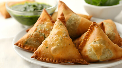 A plate of golden, crispy fast food samosas with a side of mint chutney