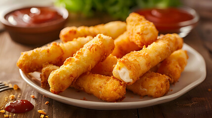 A plate of golden, crispy fast food mozzarella sticks