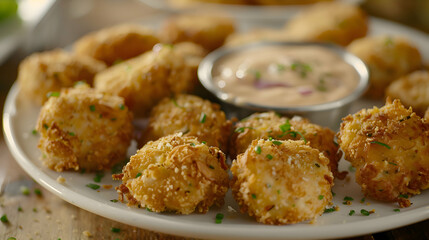 A plate of golden, crispy fast food crab cakes with a side of remoulade sauce