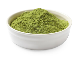 Green matcha powder in bowl isolated on white