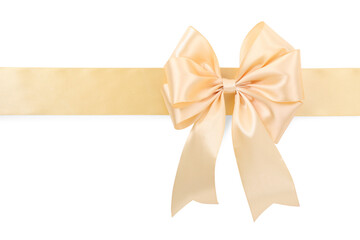 Beige satin ribbon with bow isolated on white, top view