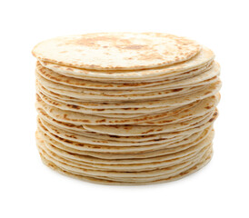 Many tasty homemade tortillas isolated on white