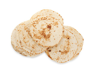 Many tasty homemade tortillas isolated on white, top view