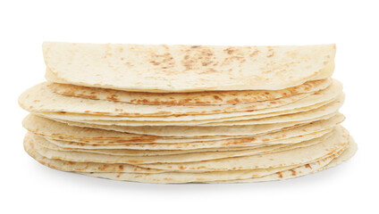 Many tasty homemade tortillas isolated on white