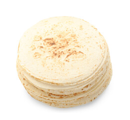 Many tasty homemade tortillas isolated on white