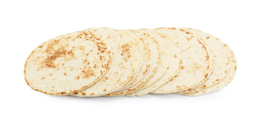 Many tasty homemade tortillas isolated on white