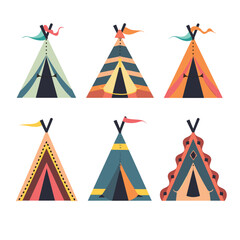 Six colorful teepee tents different patterns, flags, designs. Illustration Native American teepees suitable cultural education. Artistic representation tribal shelters, vibrant stylized © Vectorvstocker