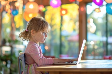 A young girl sits at a desk with a laptop, focused on her work