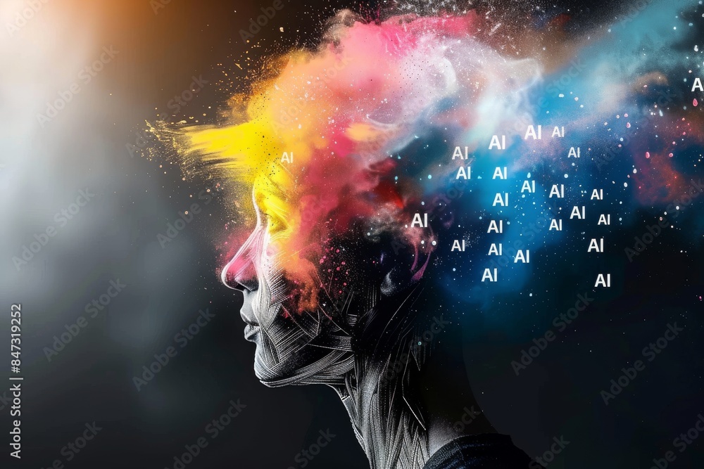 Poster artistic representation of ai with colorful smoke, symbolizing advanced technology, innovation, and 