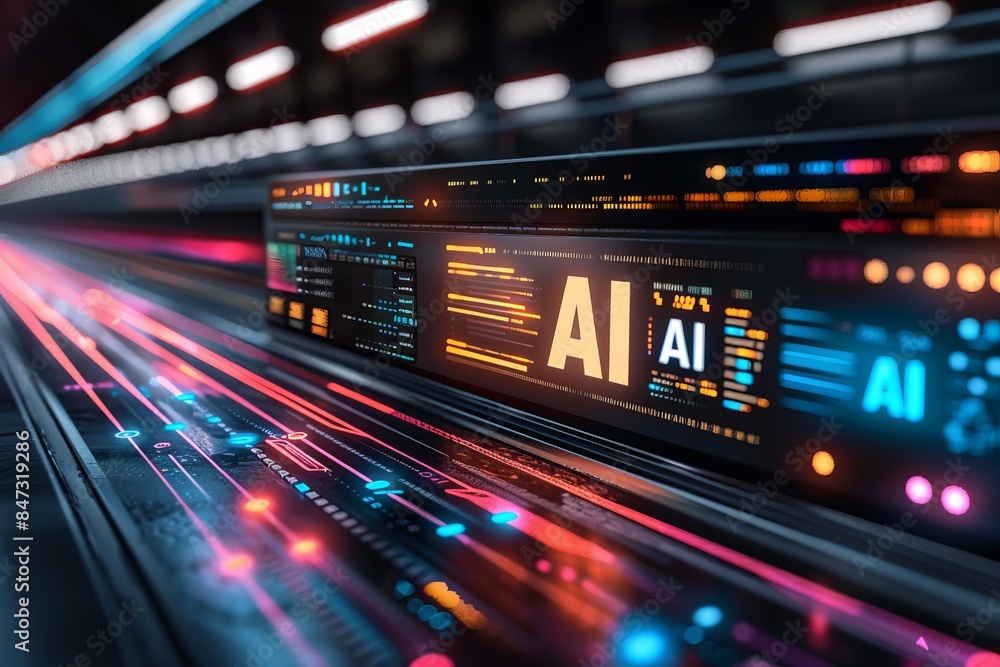 Poster ai digital display on a high tech circuit board, symbolizing advanced technology, innovation, and dy