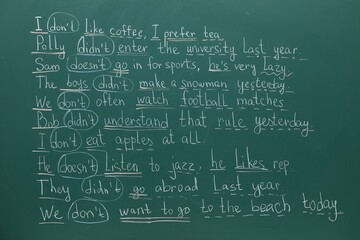 English grammar rules written with chalk on green board