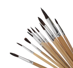 Many different paint brushes on white background