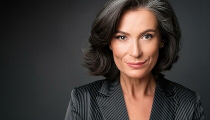 Fototapeta premium A good-looking, dark-skinned, middle-aged woman with short, curly, dark hair and grey roots, wearing a black pinstripe suit.