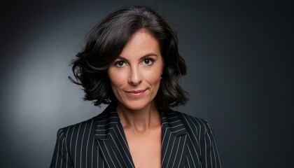 Obraz premium A good-looking, dark-skinned, middle-aged woman with short, curly, dark hair and grey roots, wearing a black pinstripe suit.