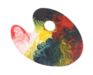 Artist's palette with mixed paints isolated on white, top view