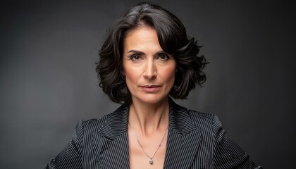 A good-looking, dark-skinned, middle-aged woman with short, curly, dark hair and grey roots, wearing a black pinstripe suit.