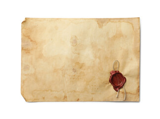 Sheet of old parchment paper with wax stamp isolated on white, top view