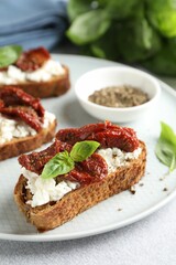Delicious ricotta bruschettas with sun dried tomatoes, basil and milled pepper on light table, closeup