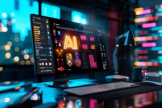 Futuristic AI digital display in a vibrant cityscape at night, symbolizing advanced technology, innovation, and dynamic urban development