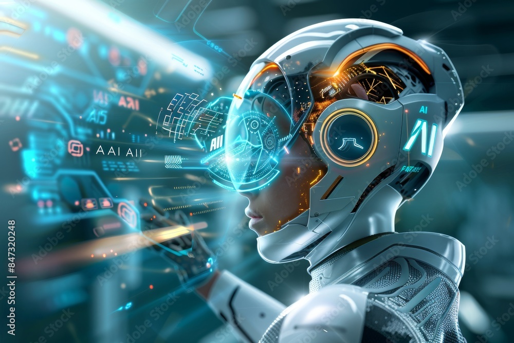 Poster advanced ai robot with futuristic hud interface in virtual environment, blue technology background, 