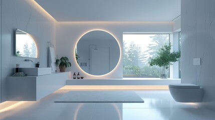 Modern minimalist bathroom with circular mirror, large windows, and sleek fixtures featuring LED lighting and natural elements.