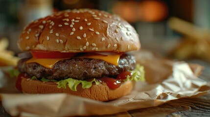 A sandwich featuring a patty of meat, lettuce leaves, sliced tomato, and melted cheese on a bun