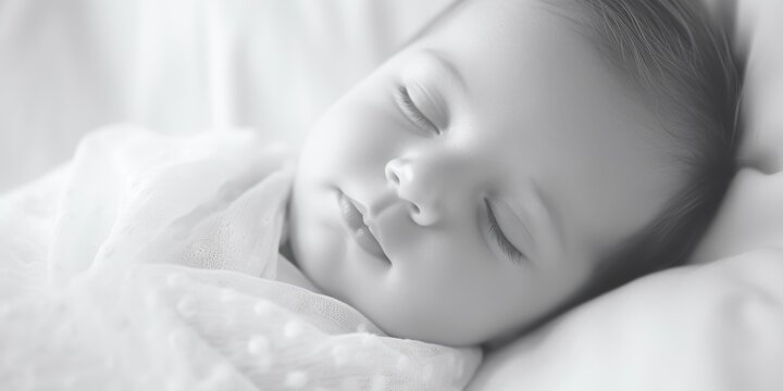 A black and white photograph of a baby asleep, suitable for use in family or parenting related projects