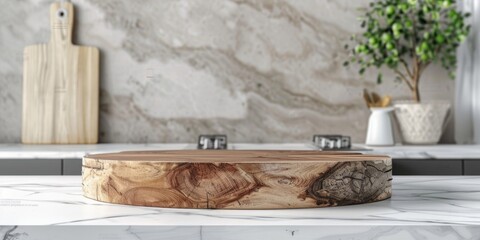 A wooden cutting board sits on top of a countertop, ready for use in the kitchen