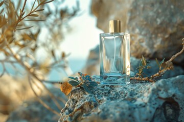 A bottle of perfume sits atop a rocky surface, ready for use