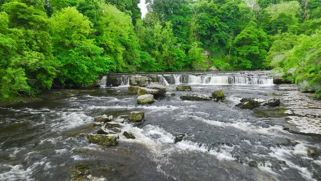 Aysgarth Falls on River Ure from a drone, Yorkshire Dales National Park, North Yorkshire, England