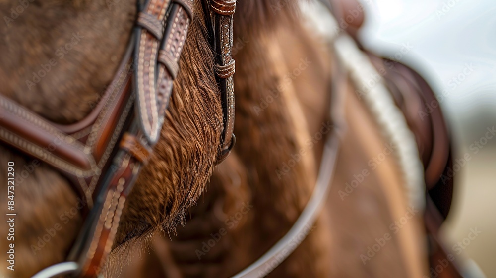 Poster this expertly captured image focuses on the intricate details of a horse's bit, highlighting its stu