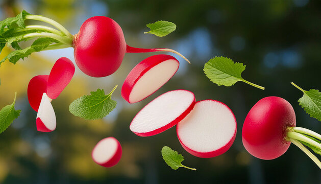 Photograph of cut radishes in the air
