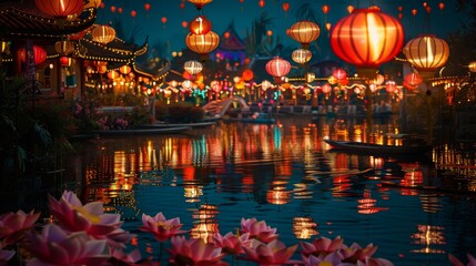 Obraz premium The colorful lanterns illuminate the river during the festival.