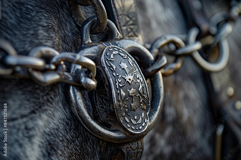 Poster this expertly captured image focuses on the intricate details of a horse's bit, highlighting its stu