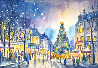 Watercolor landscape of a New Year or Christmas city with a New Year tree, houses and people.