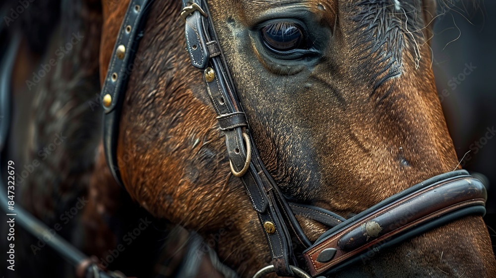 Poster this expertly captured image focuses on the intricate details of a horse's bit, highlighting its stu