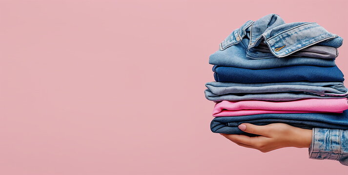 A hand holds a stack of folded clothes on a pink background. Banner for washing, ironing, soft clothes, conditioner or laundry powder