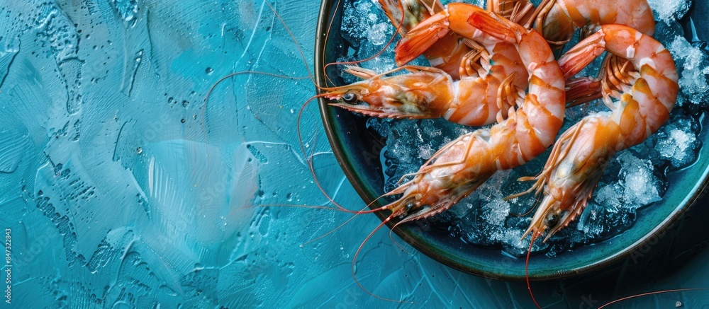 Wall mural black tiger prawns on a plate with ice: a stunning visual of raw seafood against a blue backdrop, to