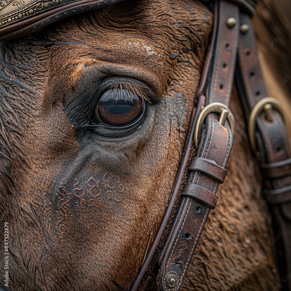 Poster this expertly captured image focuses on the intricate details of a horse's bit, highlighting its stu