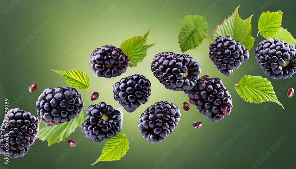 Wall mural photograph of blackberries cut in the air