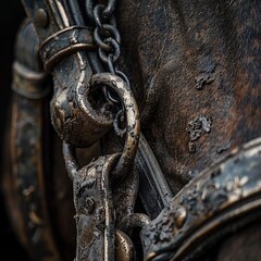 This expertly captured image focuses on the intricate details of a horse's bit, highlighting its...