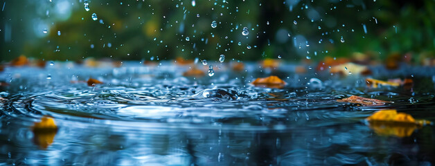 wide background image of a rain drop falling to water surface and splash in a rainy day 