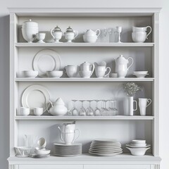 Dishware set in white shelving unit, tableware shelf, kitchen interior, clean white mugs, plates, glass tableware